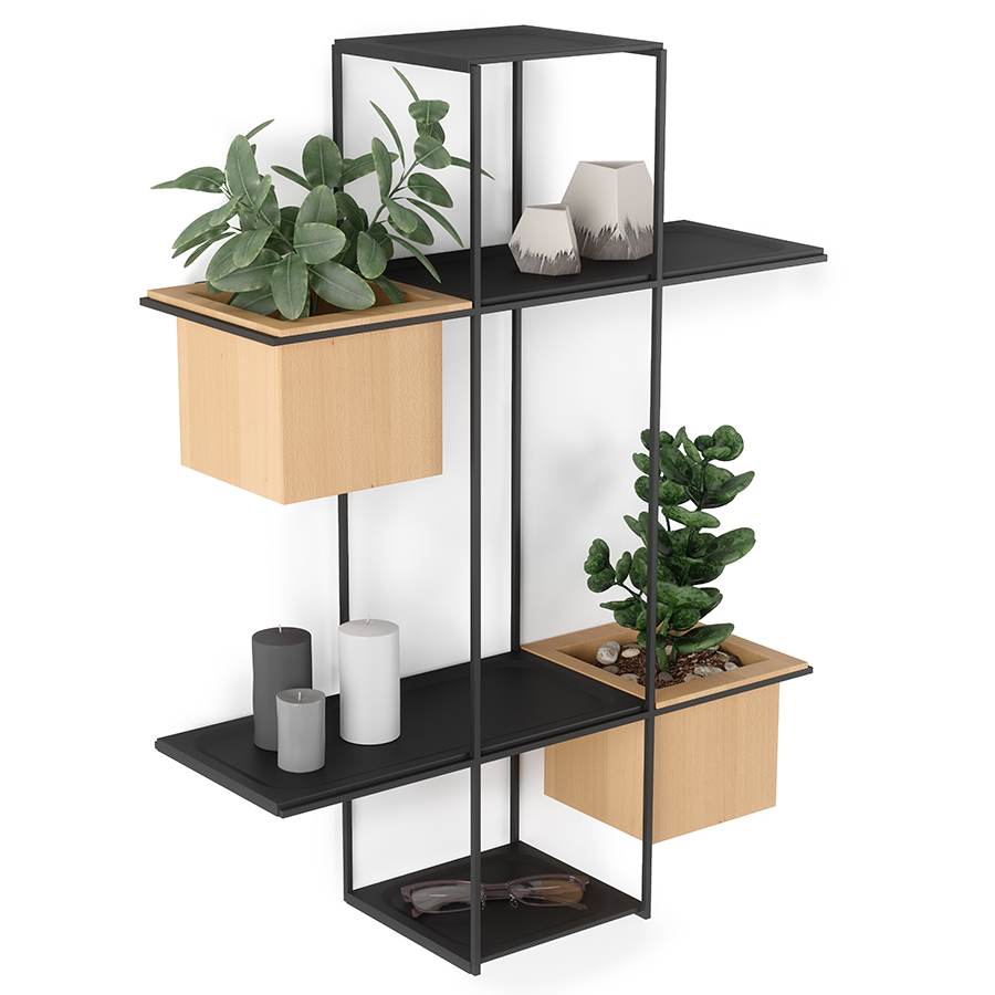 Umbra Полка-органайзер 16 х 48 х 64 см з 2 кашпо Cubist Multi чорна | https://grandposuda.com.ua