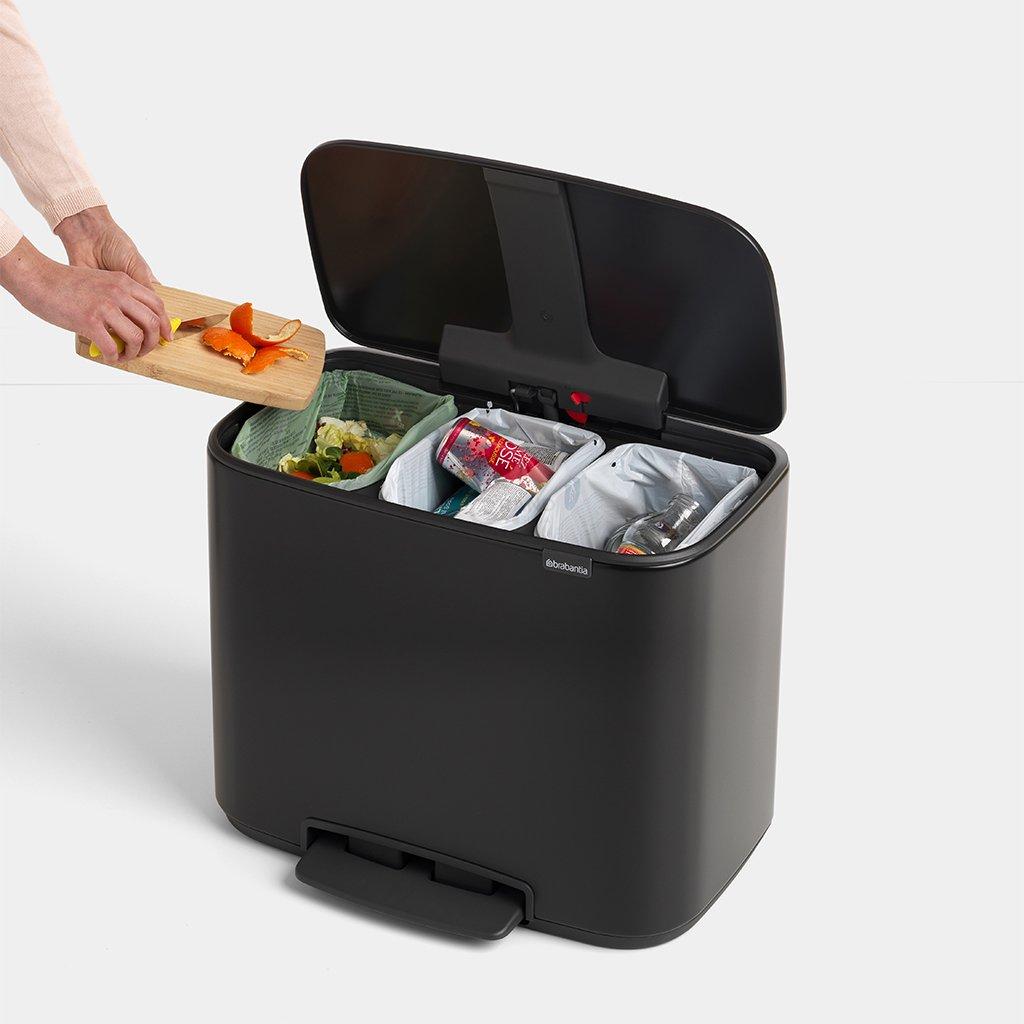 Brabantia Мусорный бак с педалью 3х11 л черный матовый трехсекционный Pedal Bin Bo | https://grandposuda.com.ua