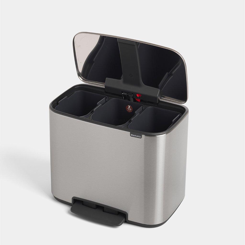 Brabantia Мусорный бак с педалью 3х11 л стальной матовый трехсекционный Pedal Bin Bo | https://grandposuda.com.ua