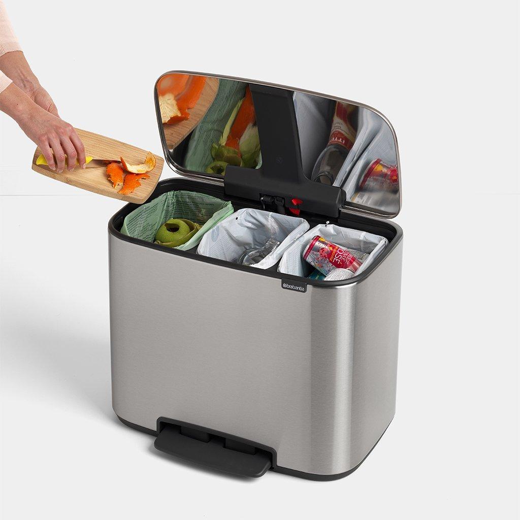 Brabantia Мусорный бак с педалью 3х11 л стальной матовый трехсекционный Pedal Bin Bo | https://grandposuda.com.ua