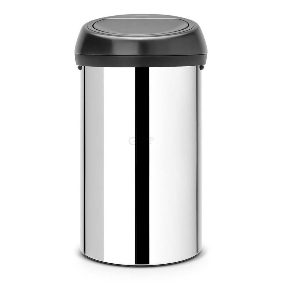 Brabantia Сміттєвий бак 60 л глянсовий сталевий, кришка чорна Touch Bin | https://grandposuda.com.ua