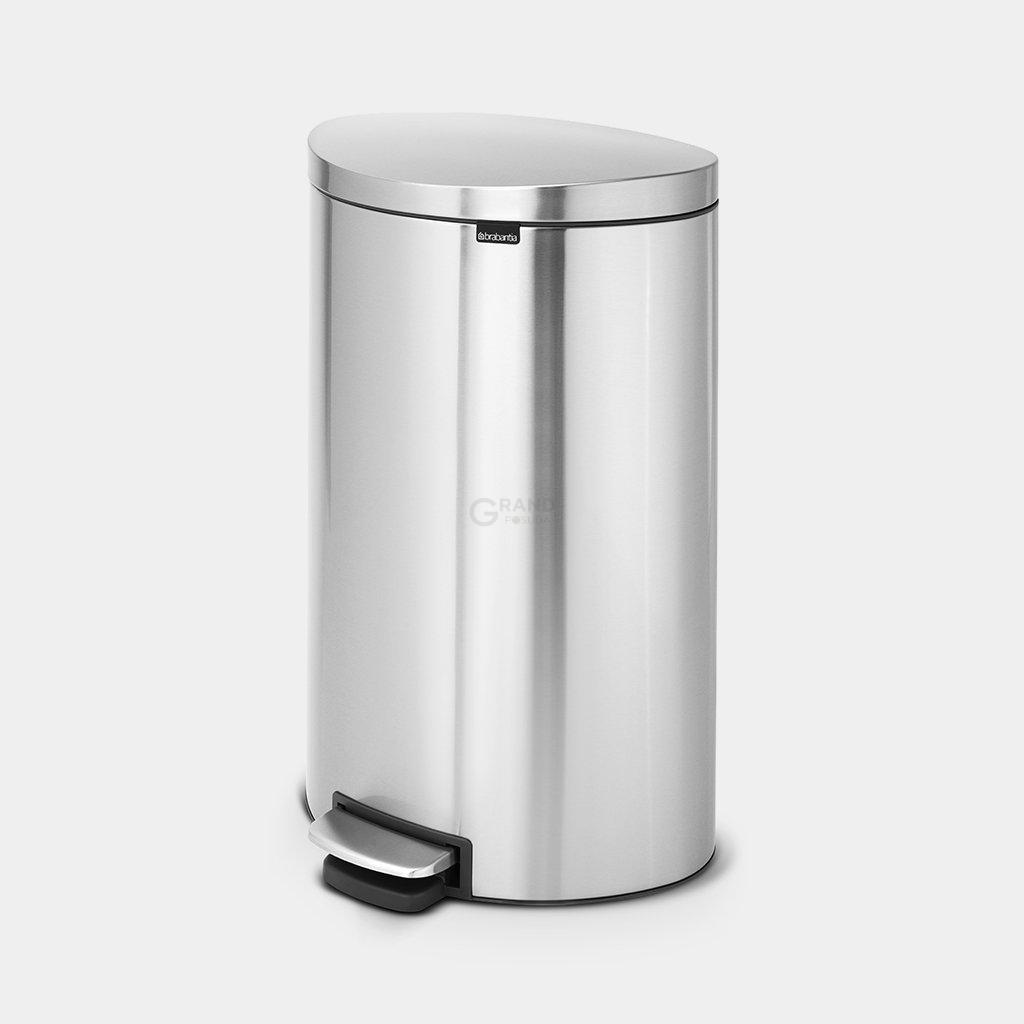 Brabantia Мусорный бак с педалью 40 л бесшумный матовая сталь с защитой от отпечатков пальцев Flatback+ | https://grandposuda.com.ua